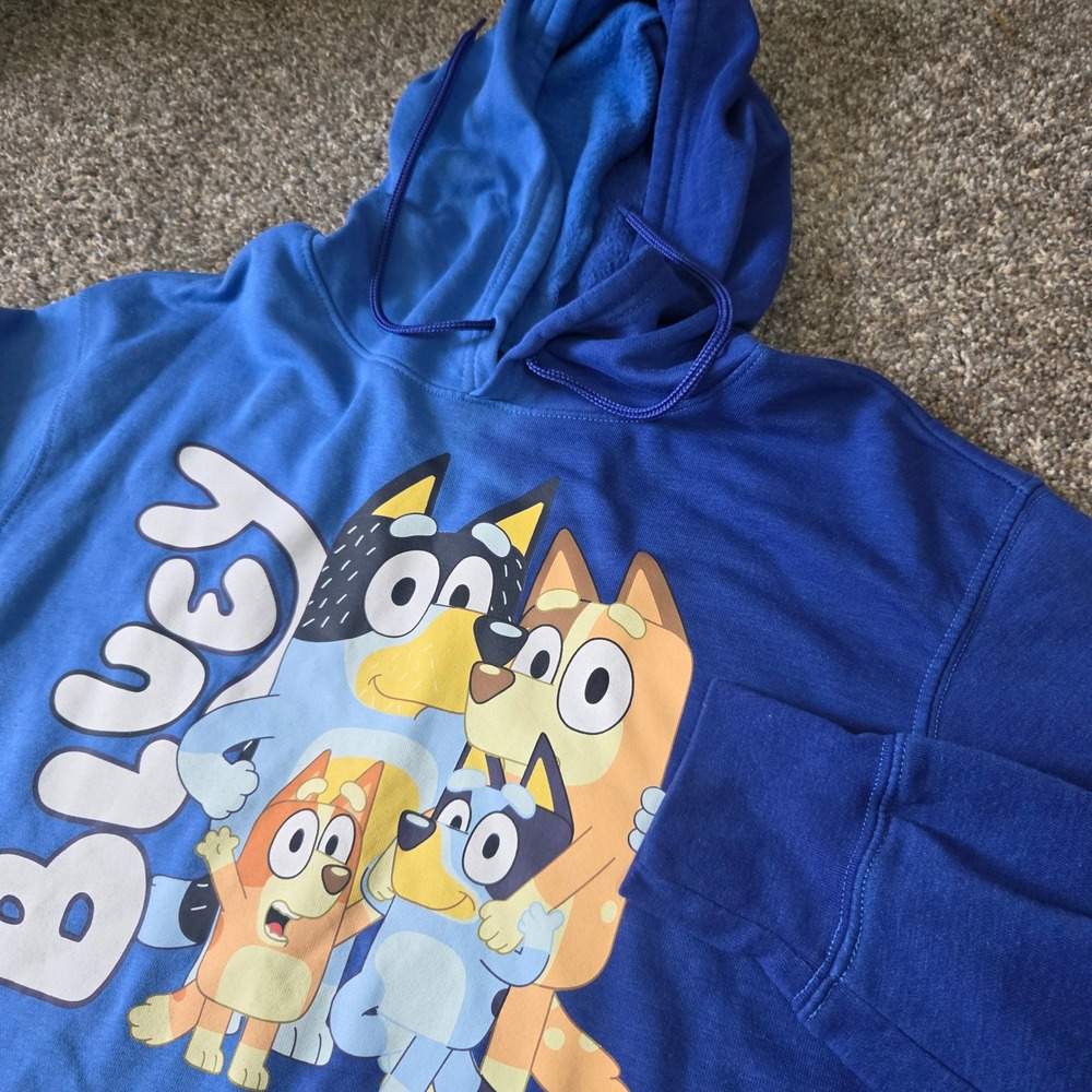 Bluey Family Graphic Hoodie Mens Medium Blue Two Tone Dip Dye Sweatshirt Bandit